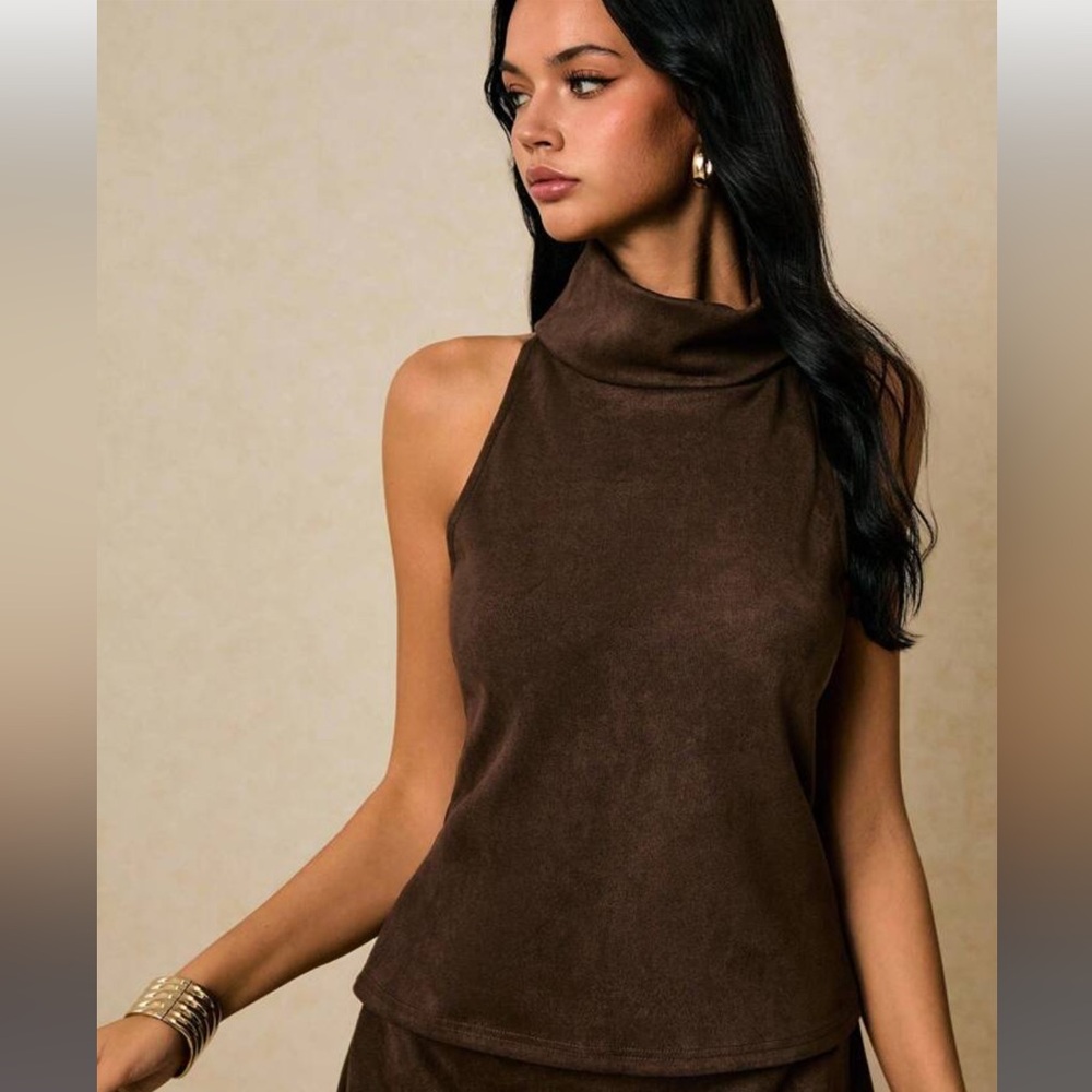 Brown Sleeveless High Neck Top